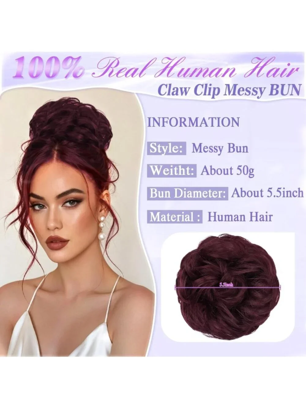 Real Human Hair Messy Bun Piece - Burgundy Curly Chignon Clip-On Updo for Women